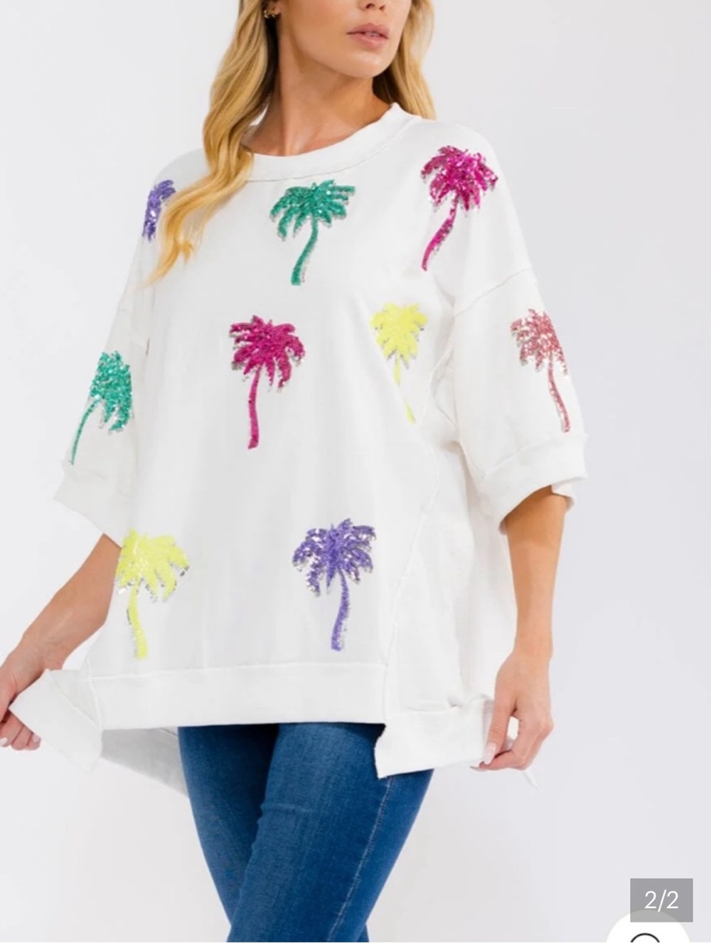 The NEW Boutique White Oversized Sweatshirt with Multicolor Sequin Palm Trees